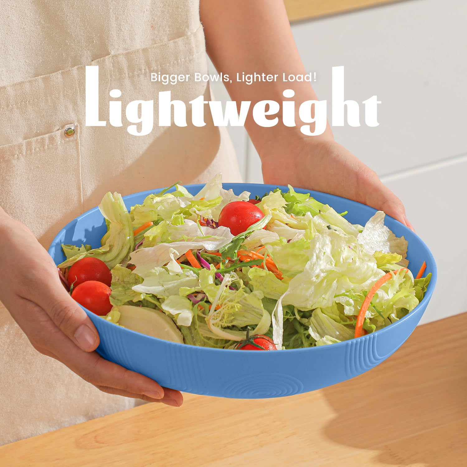 Eco-Friendly Wheat Straw Salad Bowls Set of 6 - 10 Inch Large Serving Bowls (65 oz) | Microwave & Dishwasher Safe Wide Shallow Bowls for Kitchen, Parties & Picnics - Sky Blue