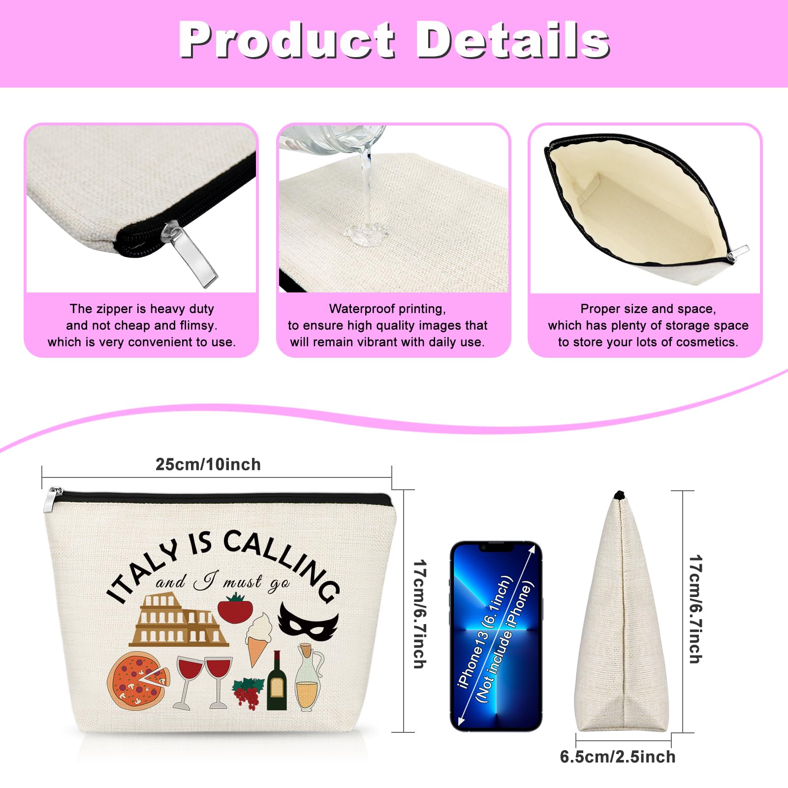 Italy Themed Makeup Bag for Women & Girls - Perfect Travel Cosmetic Organizer, Italy Souvenir Gift for Friends, Sister, Birthday, Christmas - Ideal for Italy Trips, Vacations & Daily Use