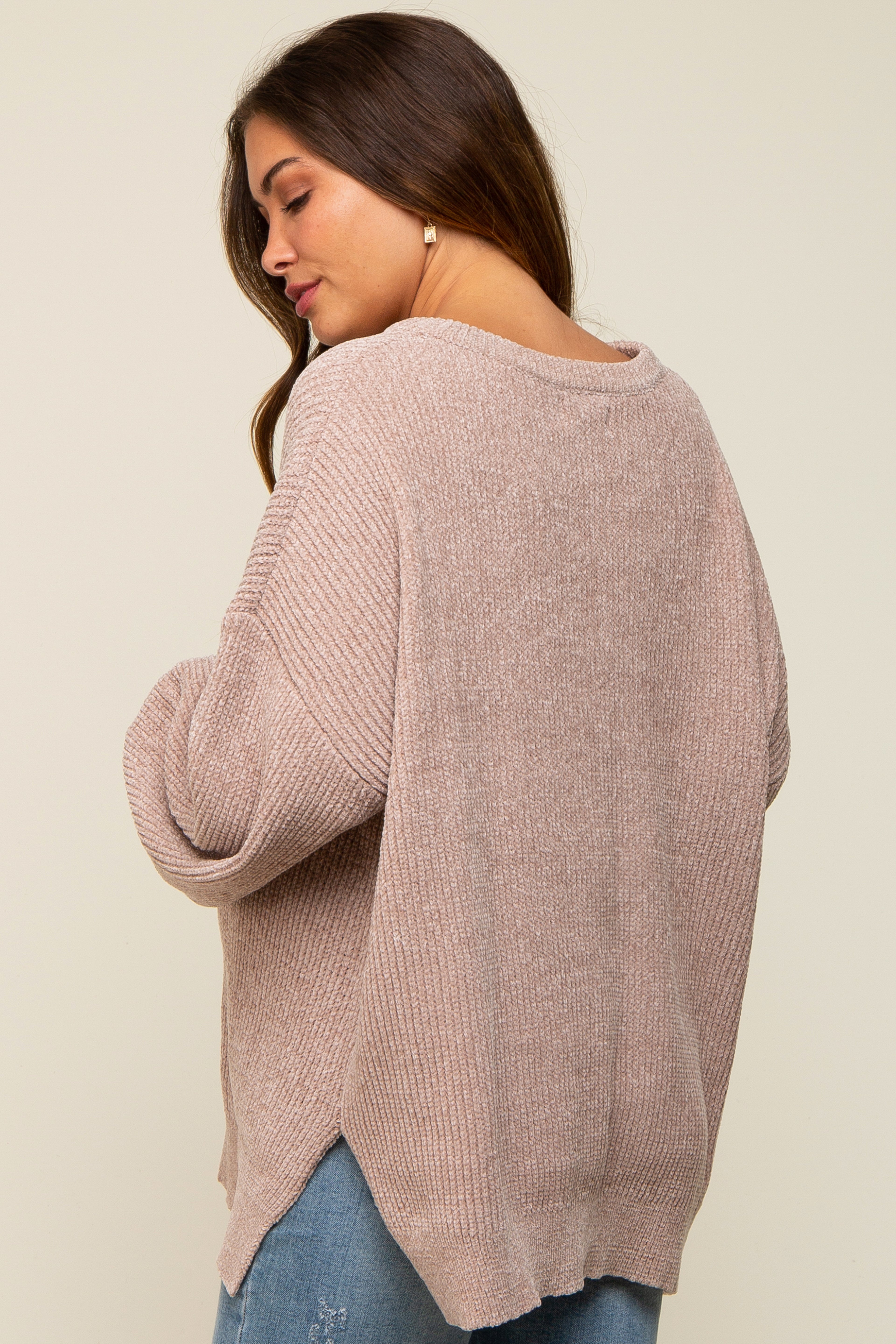 Beige Chenille Knit Balloon Sleeve Maternity Sweater for Women - Soft Cozy Pregnancy Pullover - Perfect for Casual Wear, Baby Shower & Maternity Photos