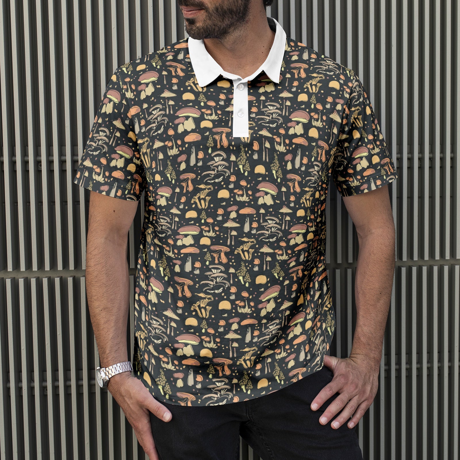 Men's Mushroom Print Polo Shirt - Stylish All Over Printed Casual Shirt for Summer Outfits, Golf, and Outdoor Activities
