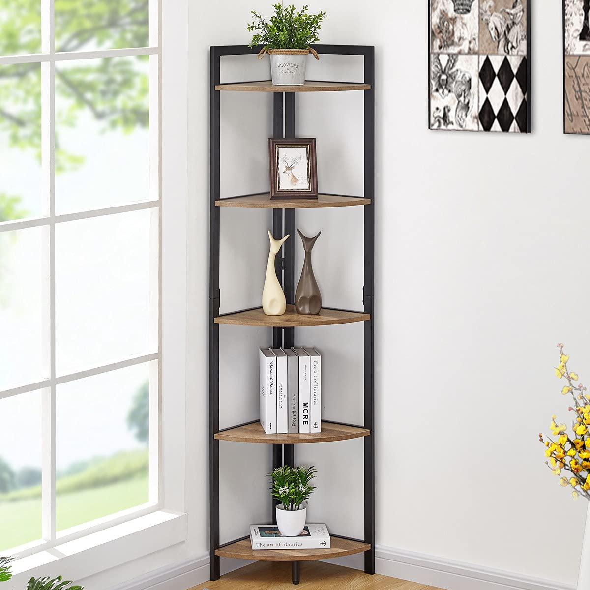 FATORRI 5-Tier Industrial Corner Shelf - Rustic Oak Wood & Metal Bookcase for Living Room, Bedroom, Office - Space-Saving Storage Solution for Books, Plants & Decor