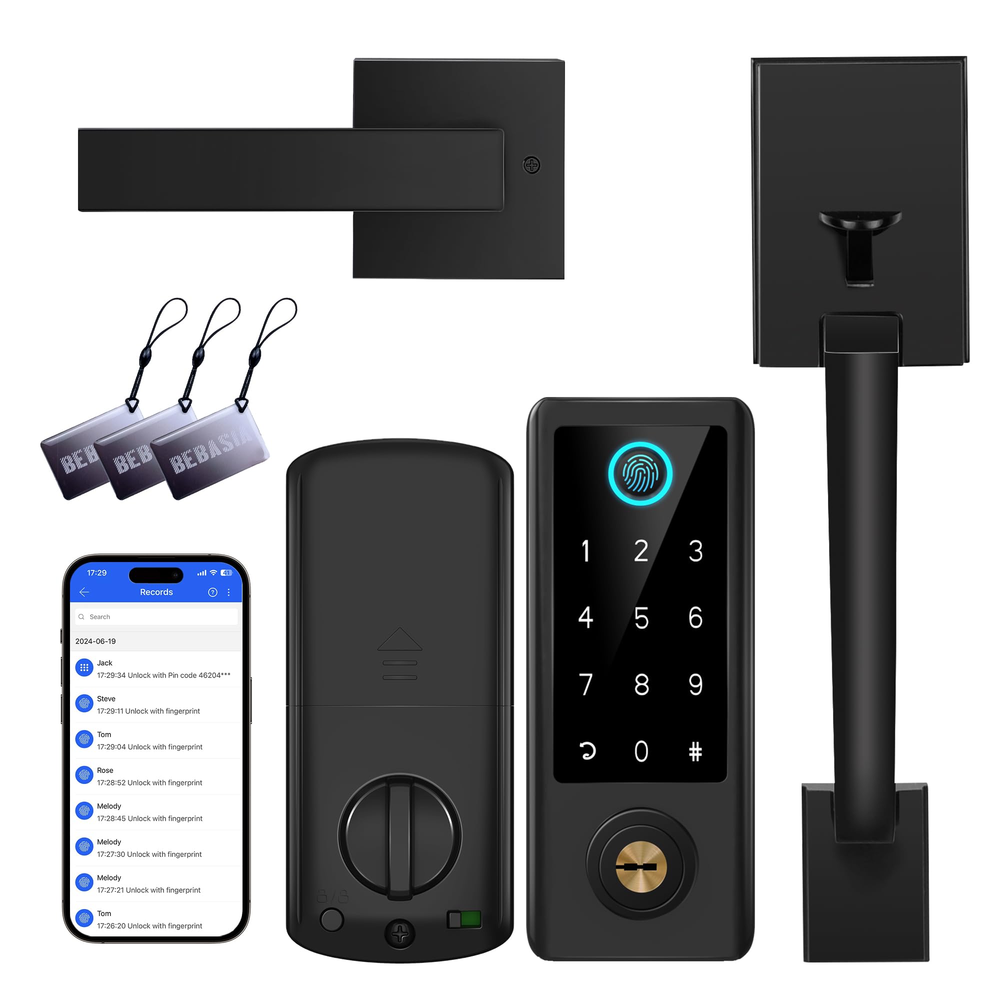 BEBASIA Smart Fingerprint Door Lock with Keyless Entry - Bluetooth Electronic Keypad Deadbolt & Handle Set for Front Door Security - Perfect for Homes, Apartments & Vacation Rentals (Black)