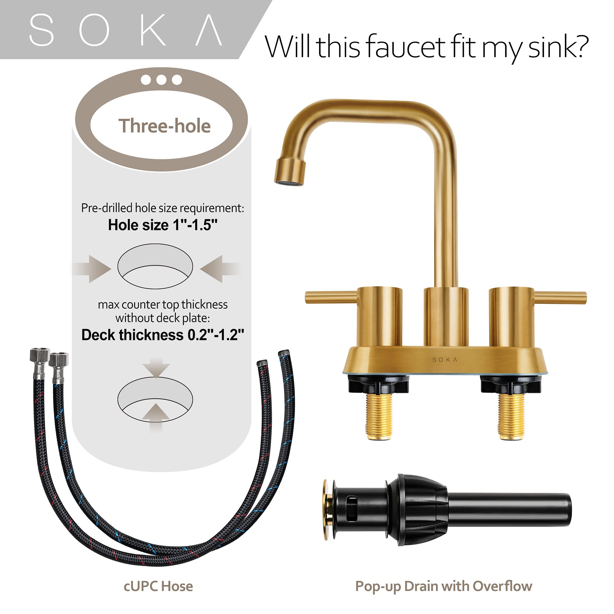 SOKA 4 Inch Centerset Bathroom Faucet - 2 Handle Commercial Hand Sink Touch Faucet with Gooseneck Spout in Gold Finish - Perfect for Restaurant, Salon, and Public Restroom Sinks