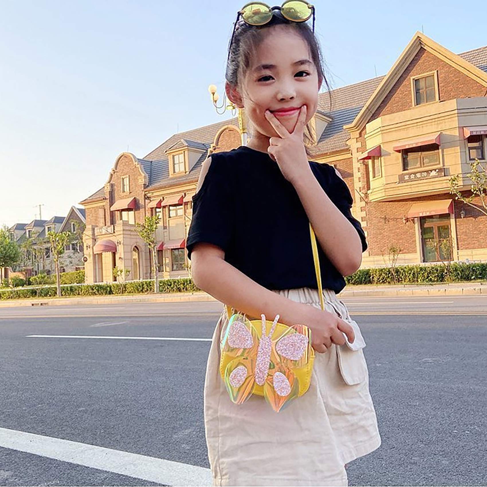 Women's Small PU Leather Crossbody Bag with Glitter Butterfly Wings - Mini Coin Purse Wallet for Women - Fashionable Yellow Shoulder Bag for Parties, Travel & Daily Use