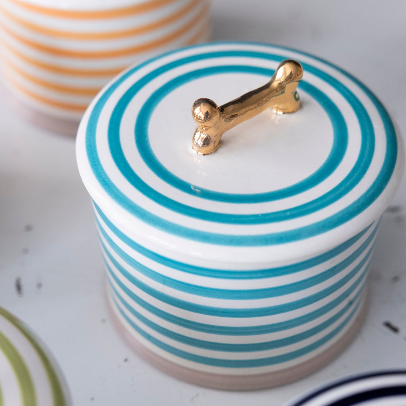 Jill Rosenwald X Polkadog Ceramic Dog Bone Treat Jar - Marine Blue Pet Food Storage Container for Treats & Kibble - Perfect for Kitchen Countertop or Pet Feeding Station Organization