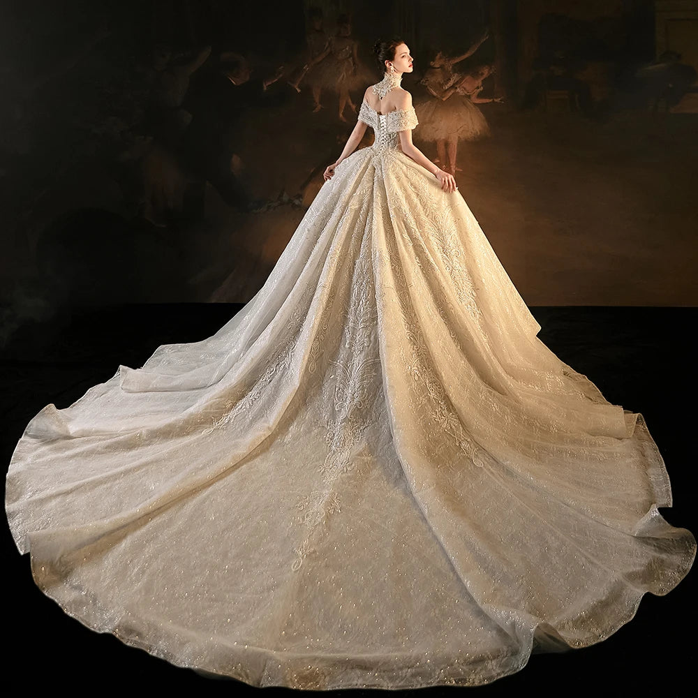 Elegant Princess Wedding Dress with Sequins & Beading - Sweetheart Neckline, Short Sleeves & Lace-Up Back | Perfect for Bridal Showers, Vow Renewals & Fairy Tale Weddings