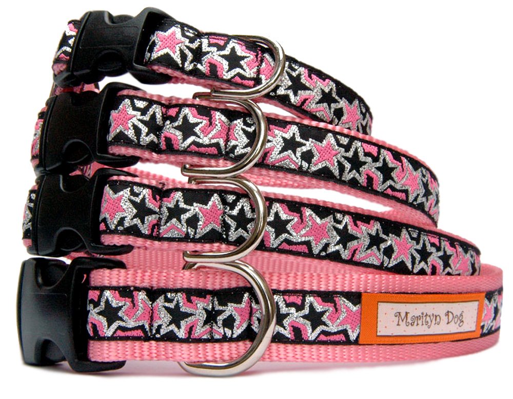 Pink Nylon Dog Collar with Metallic Star Ribbon - Adjustable Pet Collar for Small, Medium & Large Dogs | Handmade in USA | Matching Leash & Harness Available | Perfect for Daily Walks, Training & Fashion Accessories