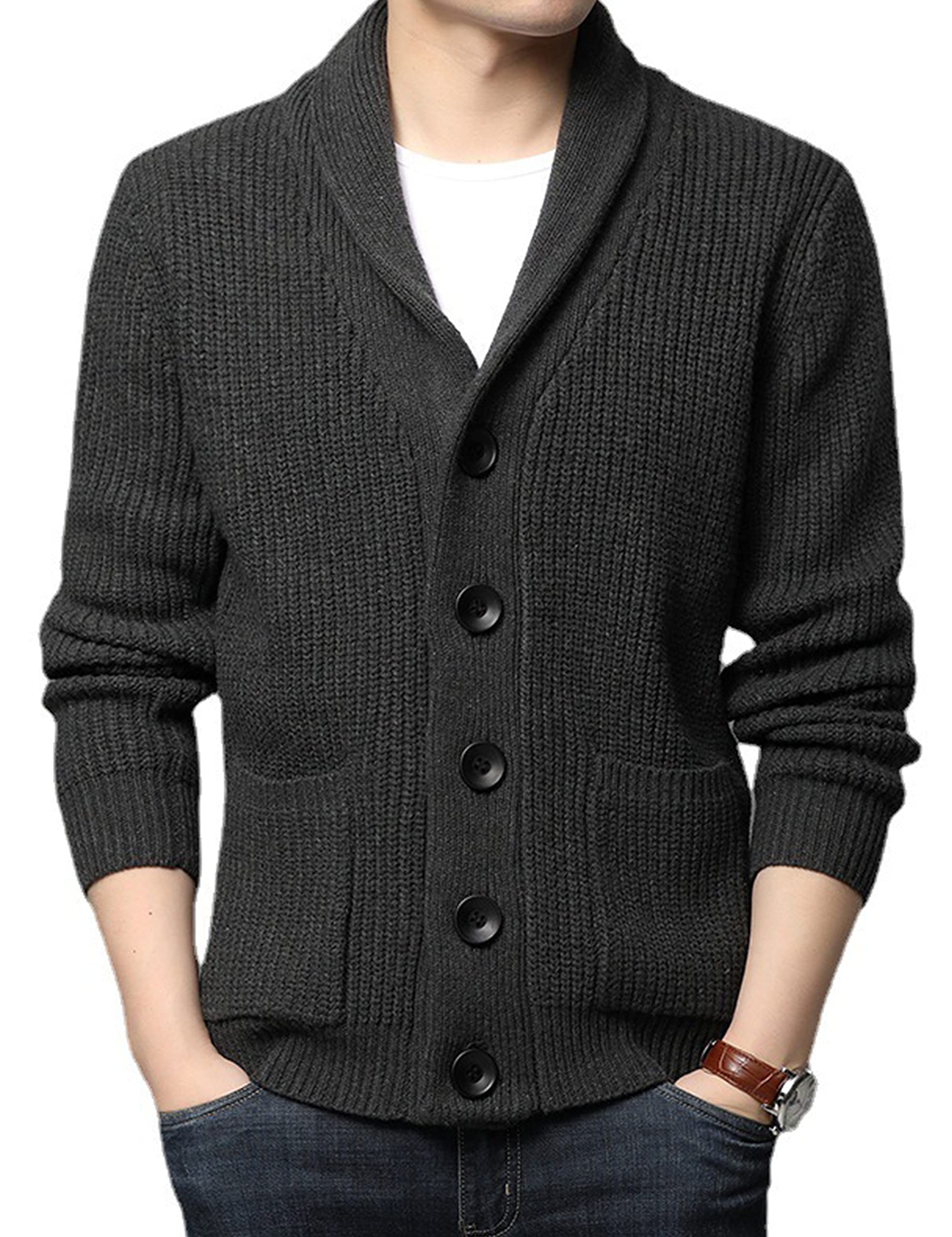 Yeokou Men's Slim Fit Shawl Collar Cardigan - Button Up Cable Knit Sweater with Pockets | Casual Winter Wear & Office Outfit