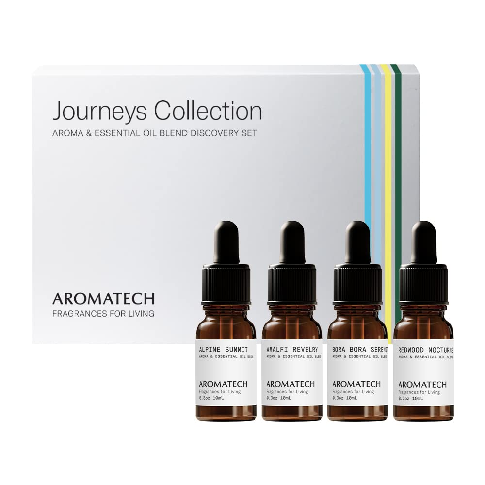 AromaTech Journeys Collection Set - Premium Essential Oil Blends for Diffusers & Aromatherapy (Bora Bora, Alpine, Amalfi, Redwood Scents) - 10mL Travel Size - Perfect for Home Relaxation, Spa, Yoga & Meditation