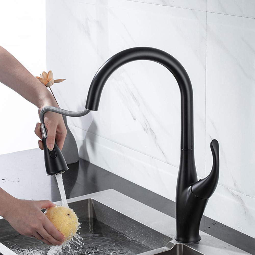 Black Copper Pull Down Sprayer Kitchen Faucet with 2-Mode Outlet, Hot & Cold Water, Telescopic Design for Modern Sink - Perfect for Home Cooking and Dishwashing