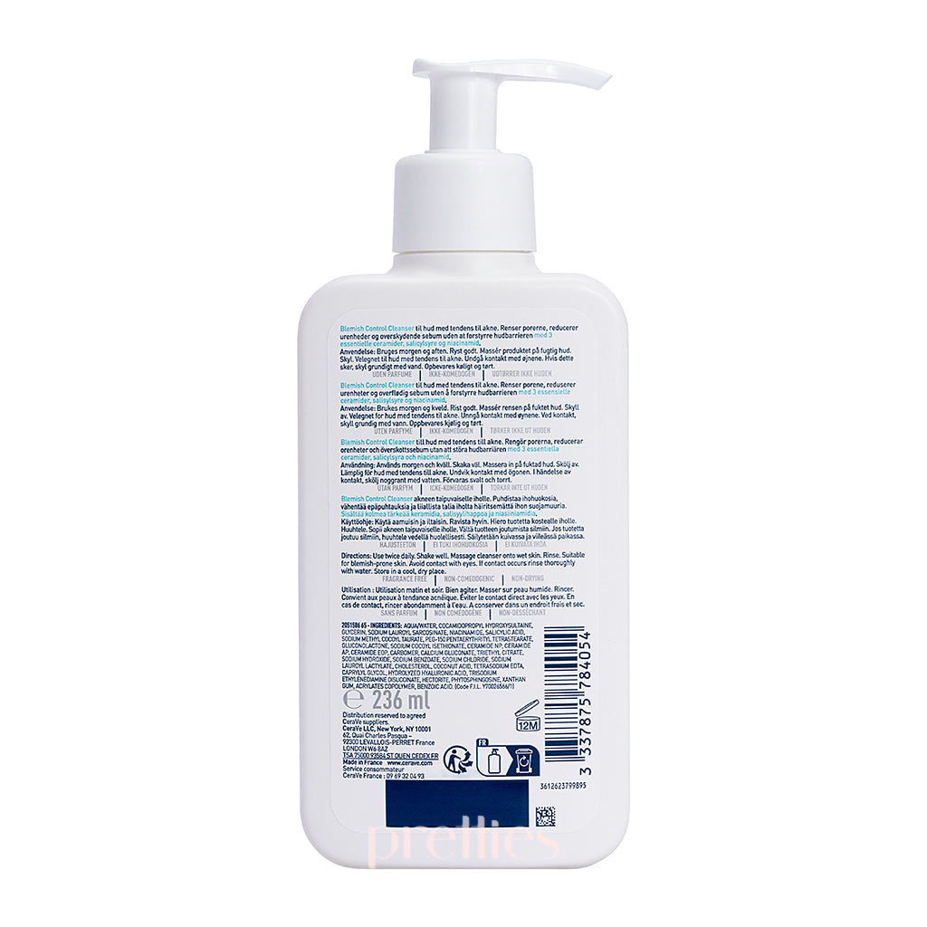CeraVe Blemish Control Cleanser 8oz (236ml) - Acne Treatment Face Wash with Salicylic Acid & Niacinamide - For Oily & Acne-Prone Skin - Daily Facial Cleanser for Clearer Skin - Perfect for Morning & Night Skincare Routine
