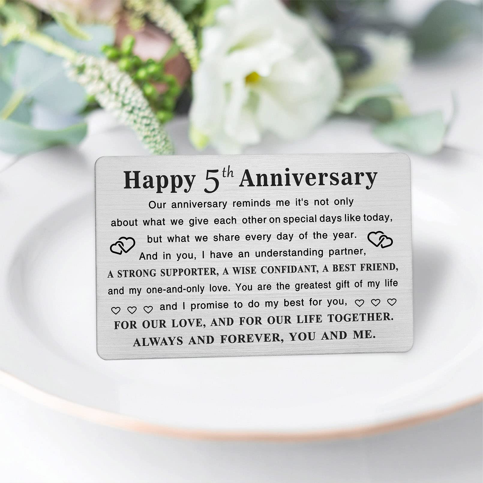 TGCNQ Metal Engraved 5 Year Anniversary Card - Elegant 5th Anniversary Gift for Husband, Wife, Couples - Romantic Wedding Anniversary Keepsake - Perfect for Home Decor, Gift Giving & Special Occasions