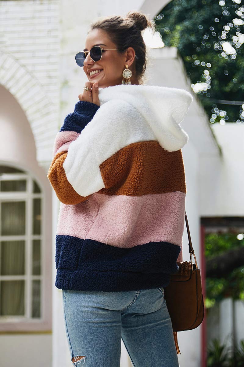 Women's Casual Fleece Sherpa Hoodie - Long Sleeve Fuzzy Pullover with Drawstring, Block Color Tops for Winter Outwear, Perfect for Outdoor Activities and Cozy Evenings