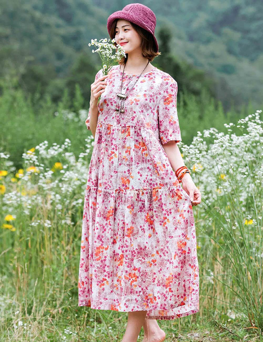 Women's Casual Loose Bohemian Floral Maxi Dress with Pockets - Short Sleeve Summer Beach Swing Dress for Vacation, Outdoor Parties & Boho Fashion