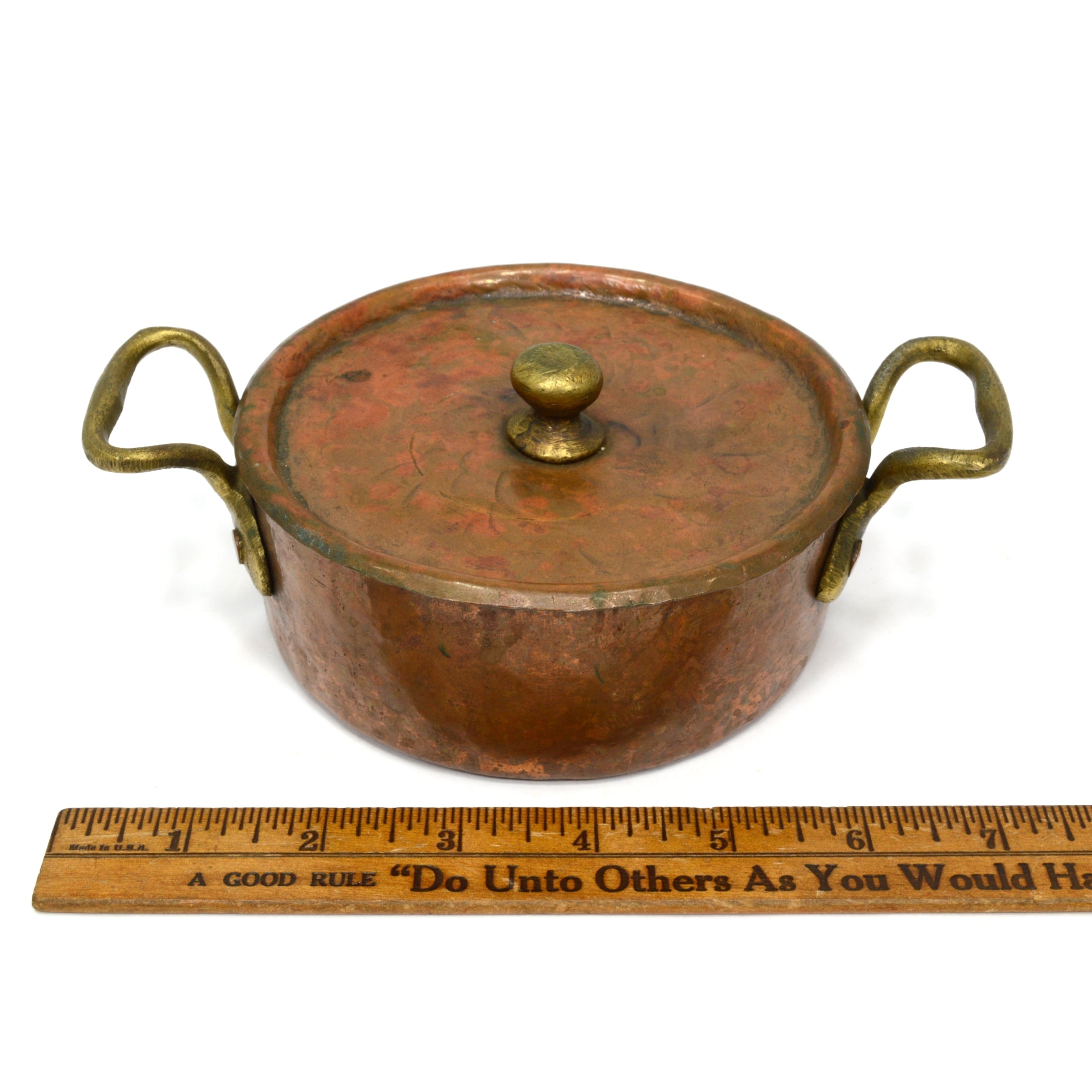 Vintage Copper & Tin Braising Pan - 5 Single Serve Bowls with Lid & 2 Brass Handles | Perfect for Asian Cooking, Hot Pot & Tabletop Serving
