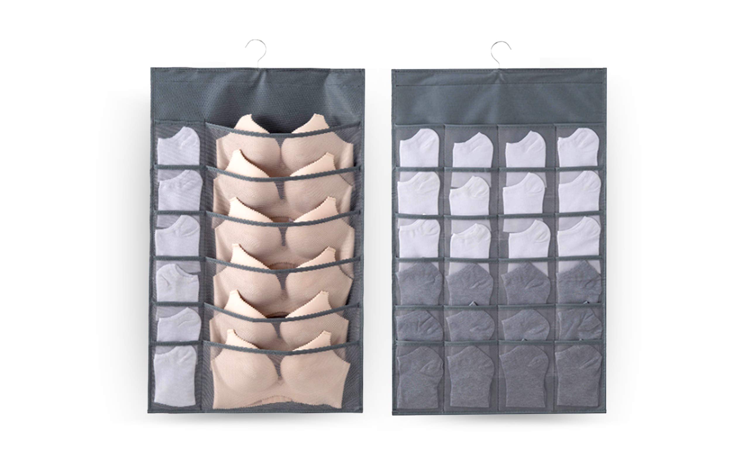 Mesh Pocket Closet Hanging Organizer with Rotating Metal Hanger - Dual Sided Wall Shelf Wardrobe Storage Bag, Space Saving Oxford Fabric for Bras & Underwear (12+24 Pockets, Gray) - Perfect for Bedroom Closet Organization & Small Space Storage Solutions