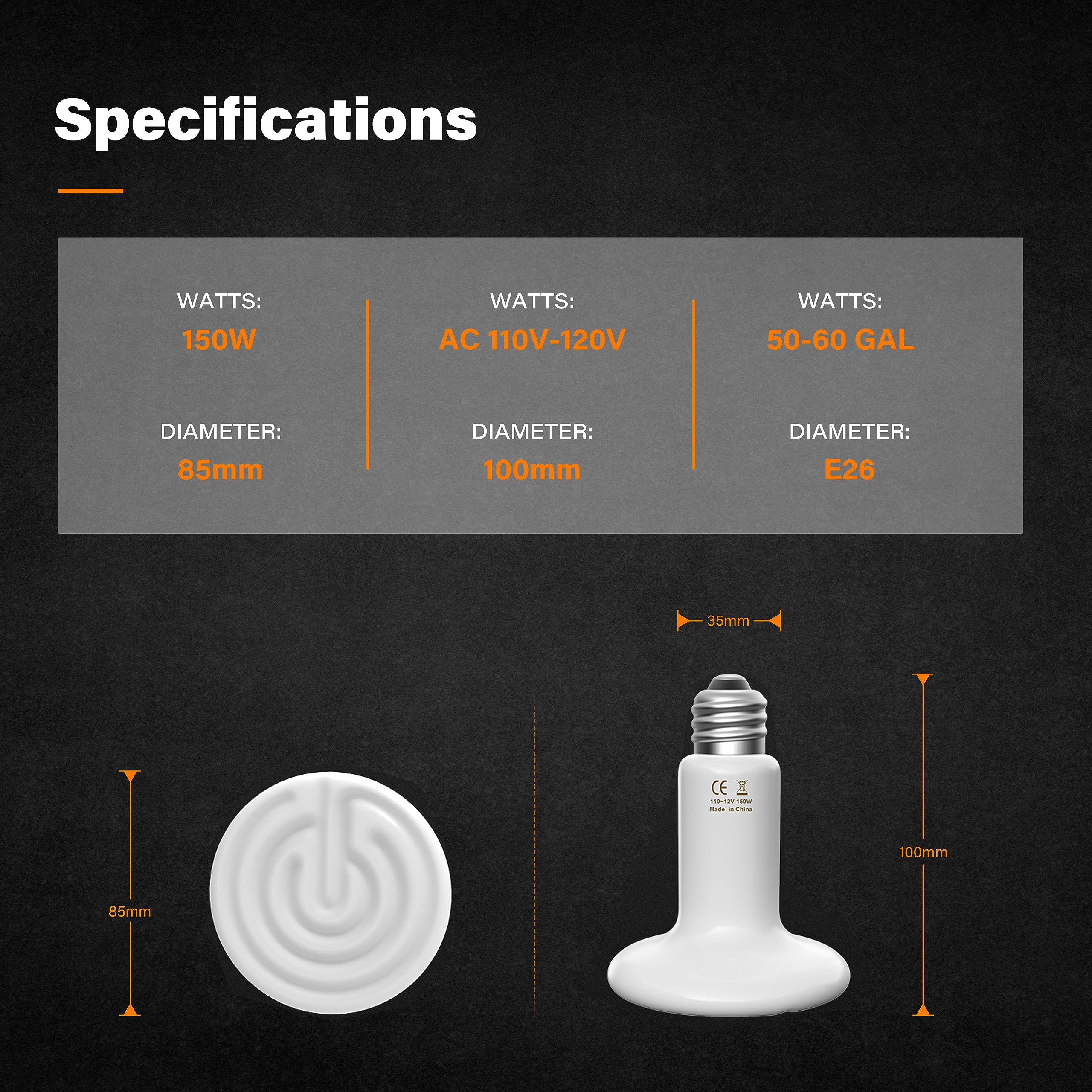 YSSOA 150W Ceramic Heat Emitter Bulb - Reptile Heat Lamp for Lizards, Turtles, Snakes, Chickens & Pets - Durable White Ceramic Heating Bulb (1 Pack) - Perfect for Terrariums, Coops & Pet Habitats