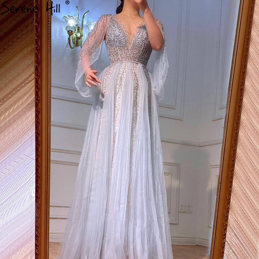 Elegant Grey A-Line Evening Dress with Diamond Beading for Women - Luxury Party Gown for Formal Events, Prom, Wedding Guest & Special Occasions