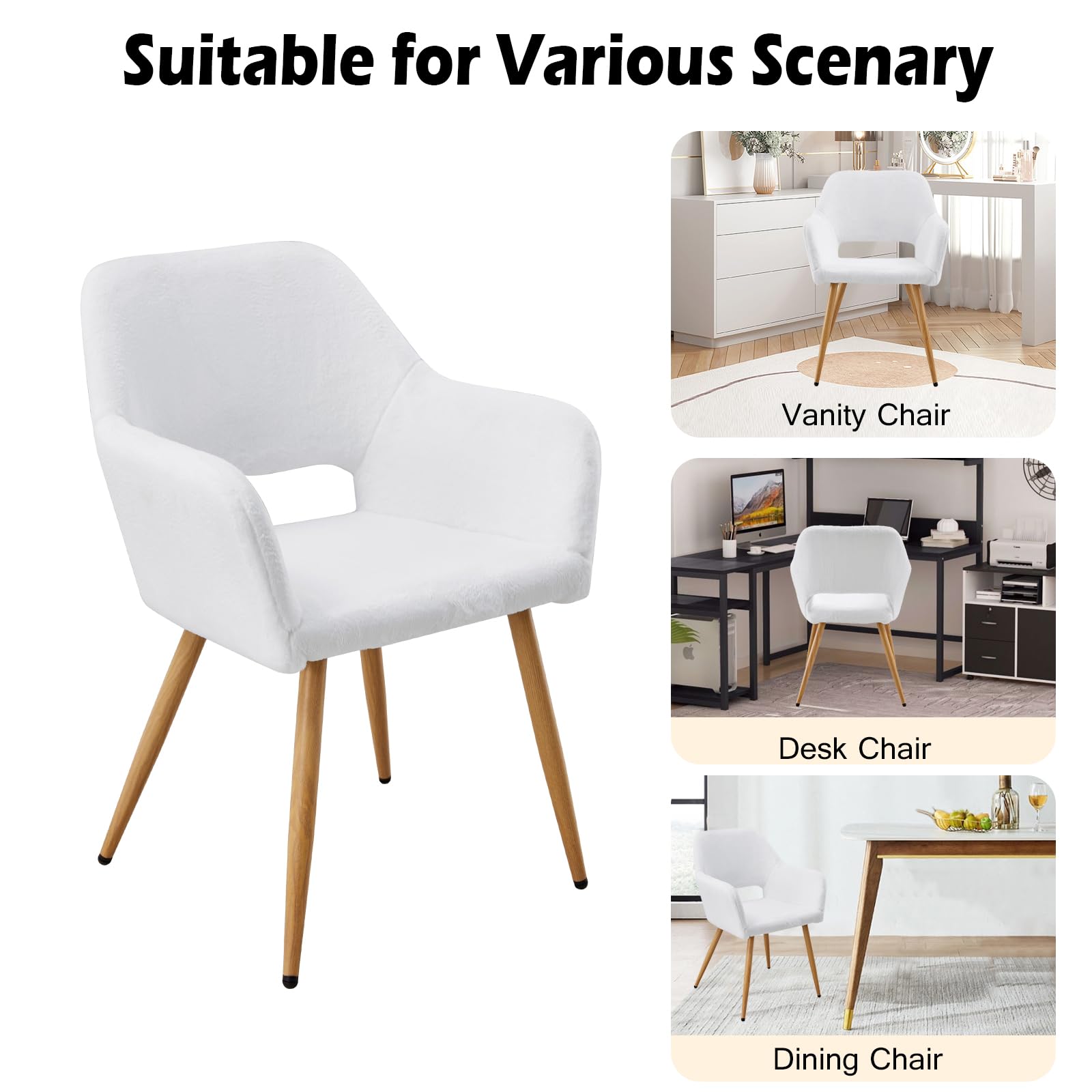 Henf White Faux Fur Office Chair - Modern Upholstered Armchair with Wood Legs for Desk, Dining, Living Room & Vanity | Comfortable & Stylish Home & Office Seating