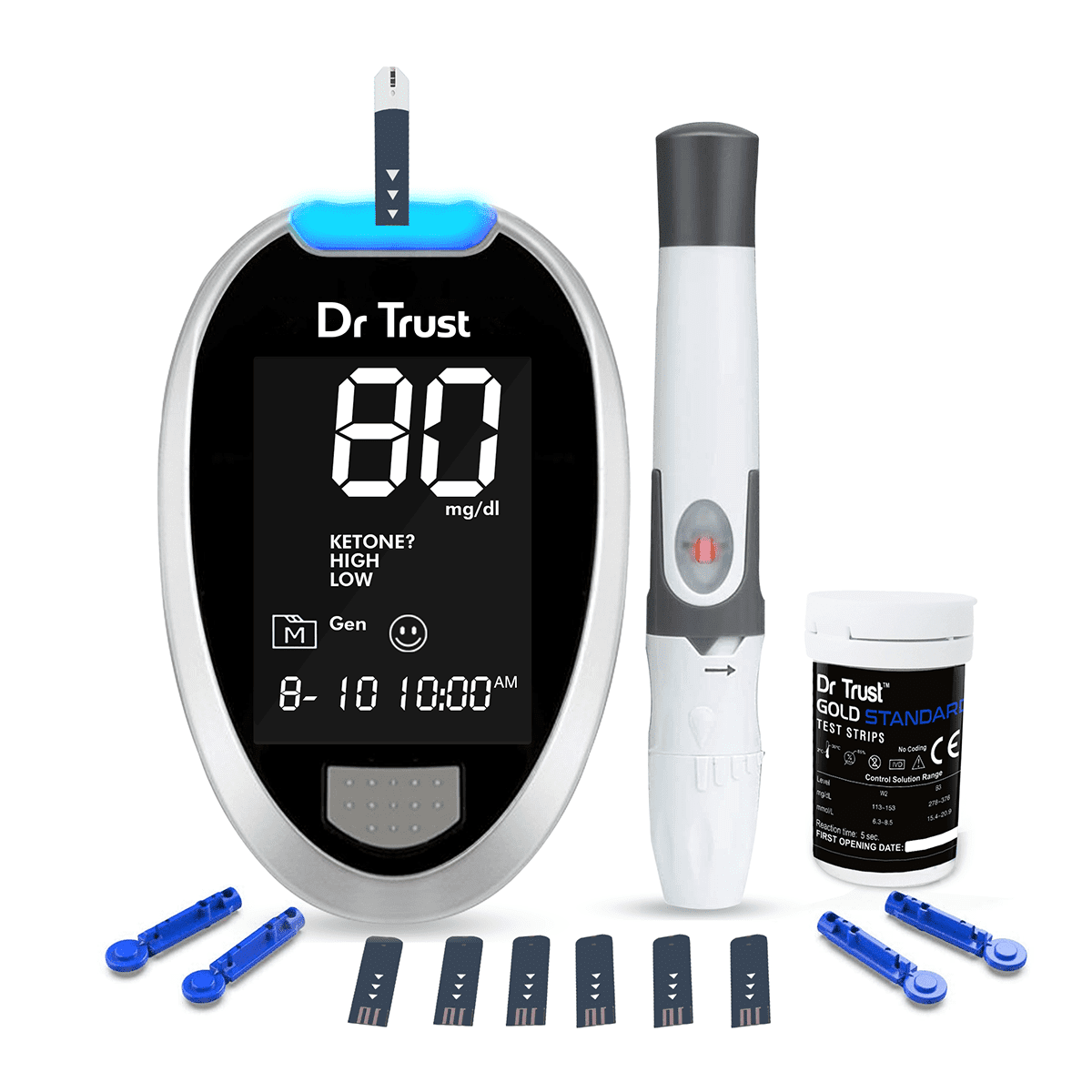 Dr Trust USA Gold Standard Glucosure Glucometer Kit - Accurate Blood Sugar Testing Meter with Lancing Device, 10 Test Strips & Lancets - Easy Home Diabetes Monitoring System (Expiry August 2025) - Perfect for Daily Glucose Tracking & Diabetes Management