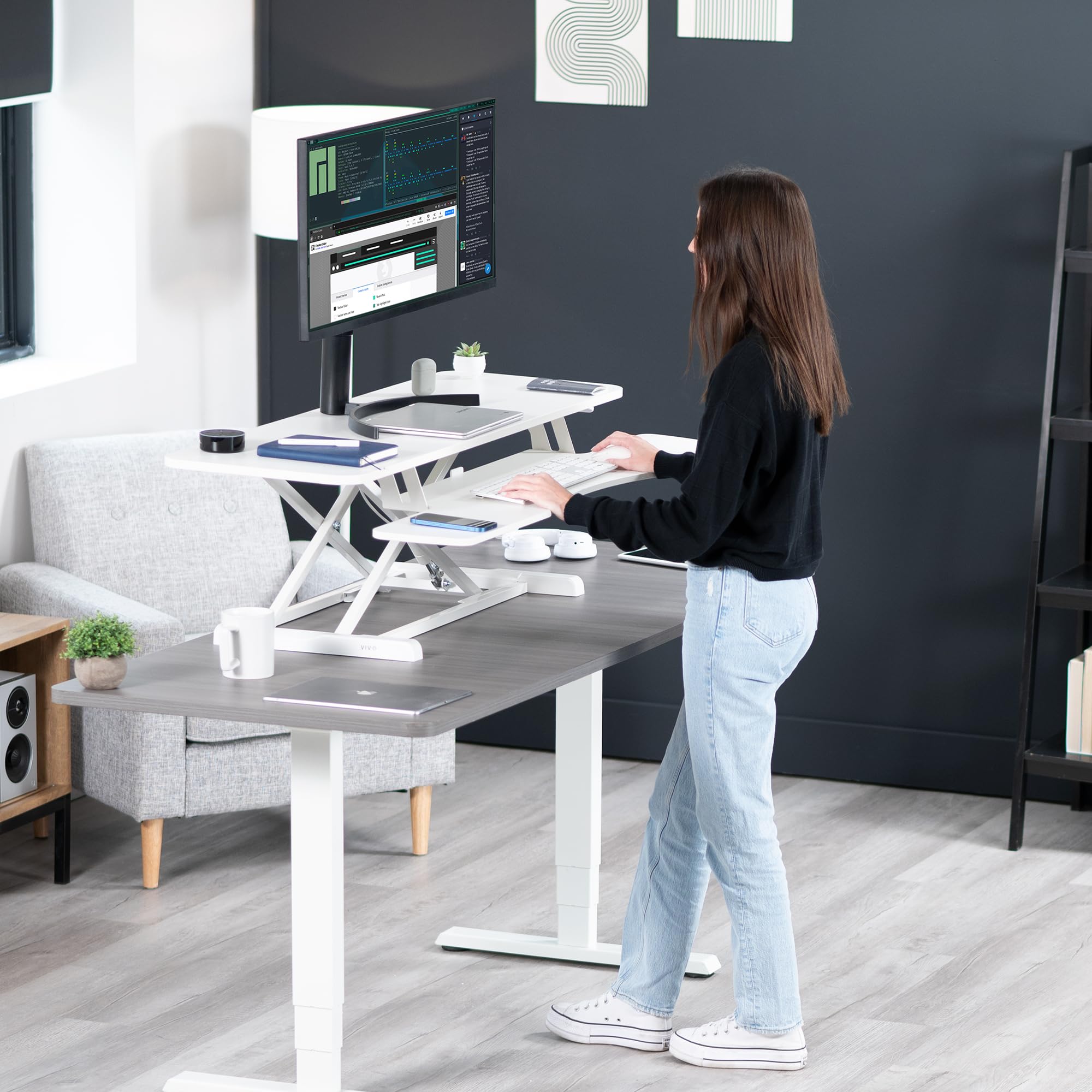 VIVO K Series 42 Inch Height Adjustable Sit to Stand Desk Converter - Dual Monitor & Laptop Workstation with Wide Keyboard Tray, White (DESK-V042KW) - Perfect for Home Office, Gaming Setup & Ergonomic Workspace