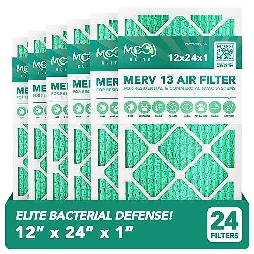 12x24x1 MERV 13 Air Filter 24-Pack - MOAJ Elite Bacterial & Viral Defense HVAC Filters - Made in USA - Replacement for AC & Furnace - Actual Size 11.70”x23.70”x0.75” - Perfect for Home, Office & Commercial Use to Improve Indoor Air Quality