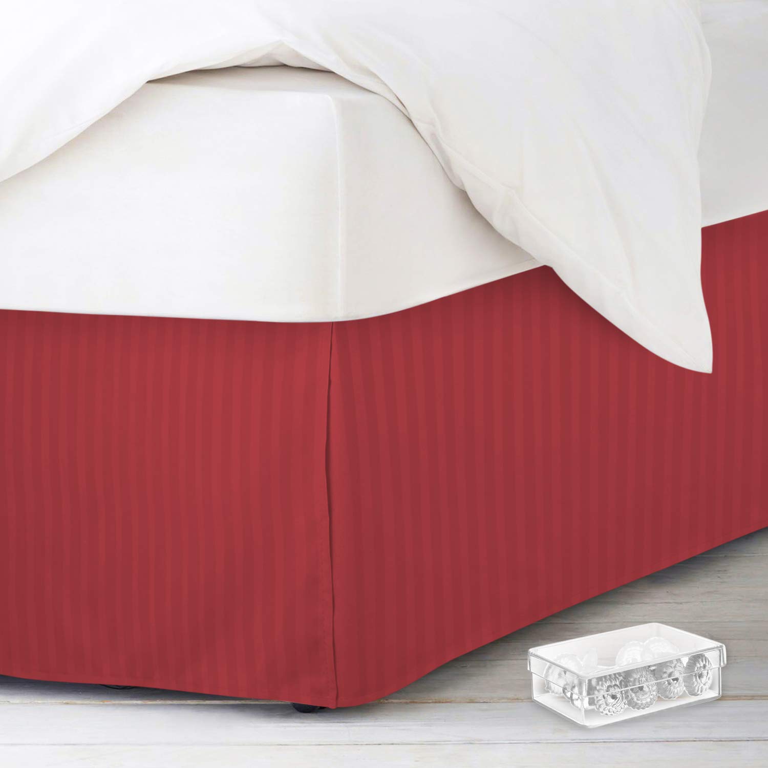 Nestle Full Size Bed Skirt - Premium Double Brushed Microfiber 14 Inch Drop Pleated Bed Ruffle with Pins - Damask Dobby Stripe Wrap Around Design - Red | Perfect for Guest Rooms, Master Bedrooms & Home Staging