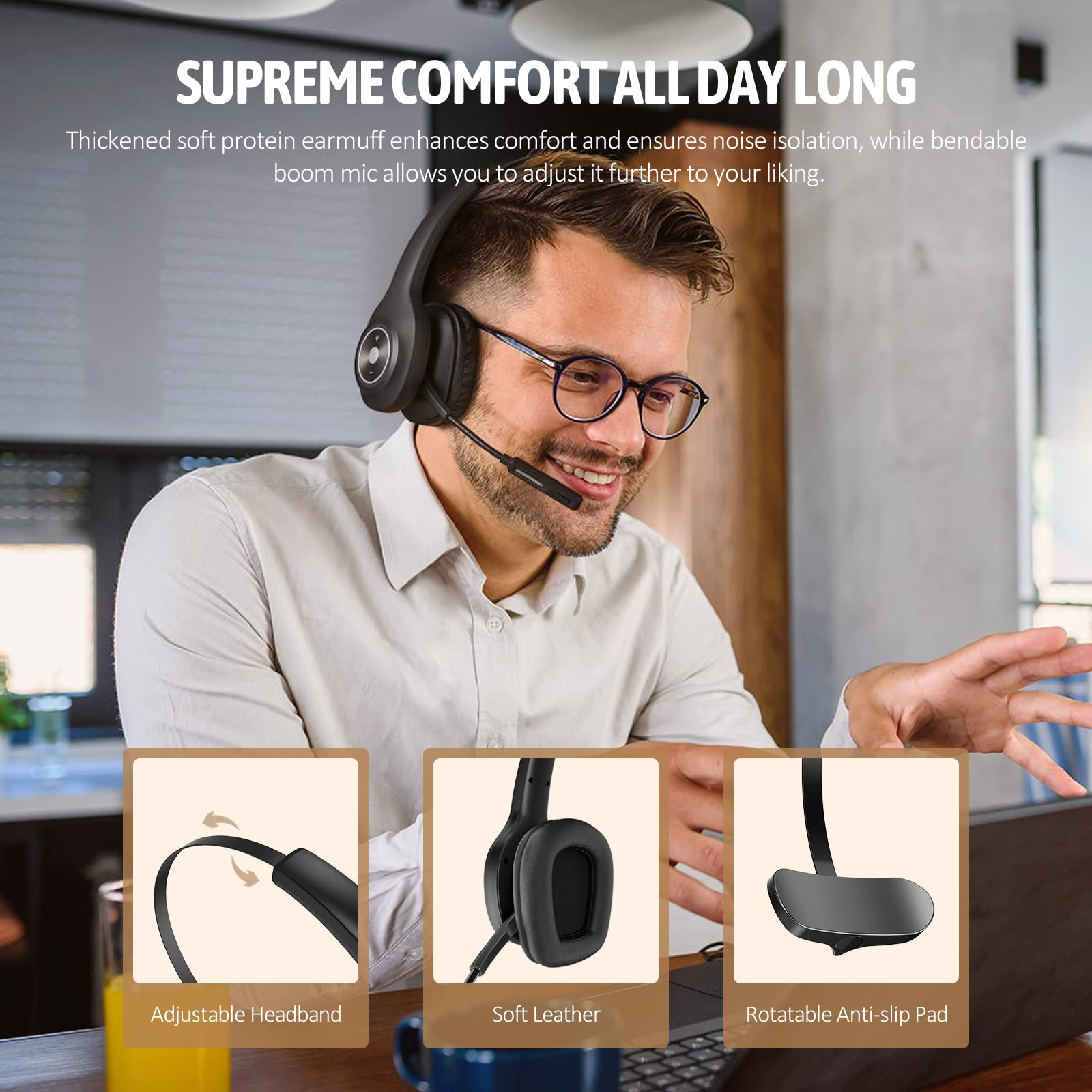 Trucker Bluetooth Headset with Noise Cancelling Mic - Wireless Headset for PC, Cell Phones & Truck Drivers - 55H Talk Time, Mute Button (Black) - Perfect for Long Hauls, Office Calls & Online Meetings
