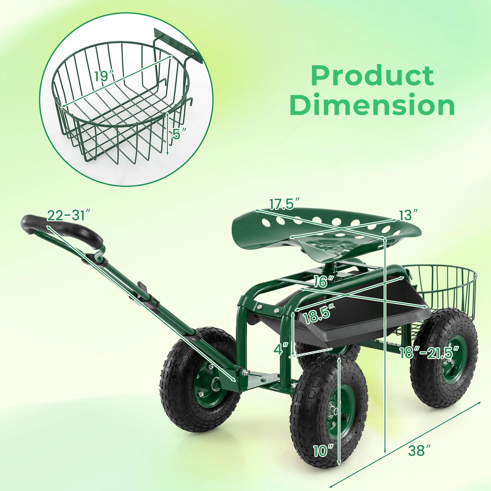 DORTALA Heavy Duty 4-Wheel Garden Cart with 360° Swivel Seat, Storage Basket & Tool Tray - Adjustable Steering Handle & Height for Gardening, Planting & Yard Work | Perfect for Greenhouse, Farm & Outdoor Landscaping