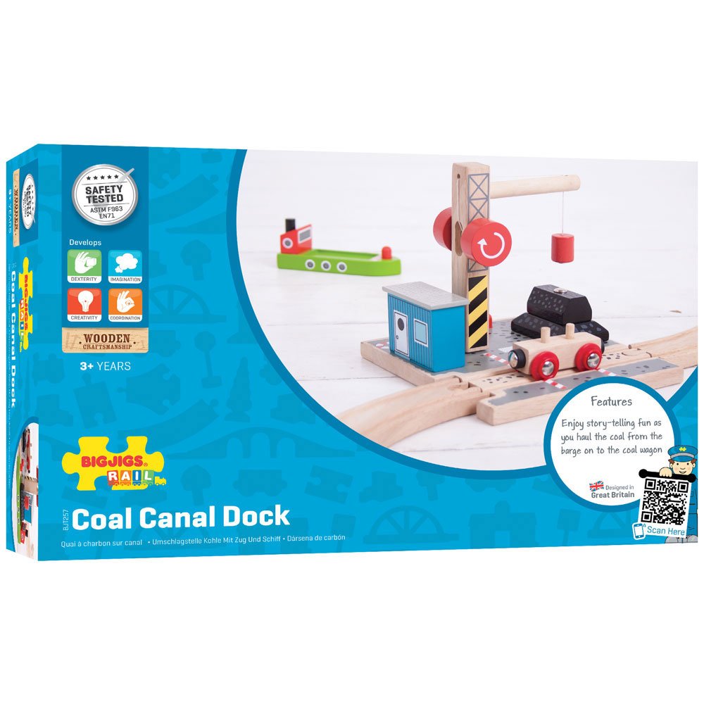 Bigjigs Rail Coal Canal Docks Wooden Train Track Accessories Set with Working Crane - Compatible with Kids Train Sets | Perfect for Imaginative Play & Wooden Railway Layouts