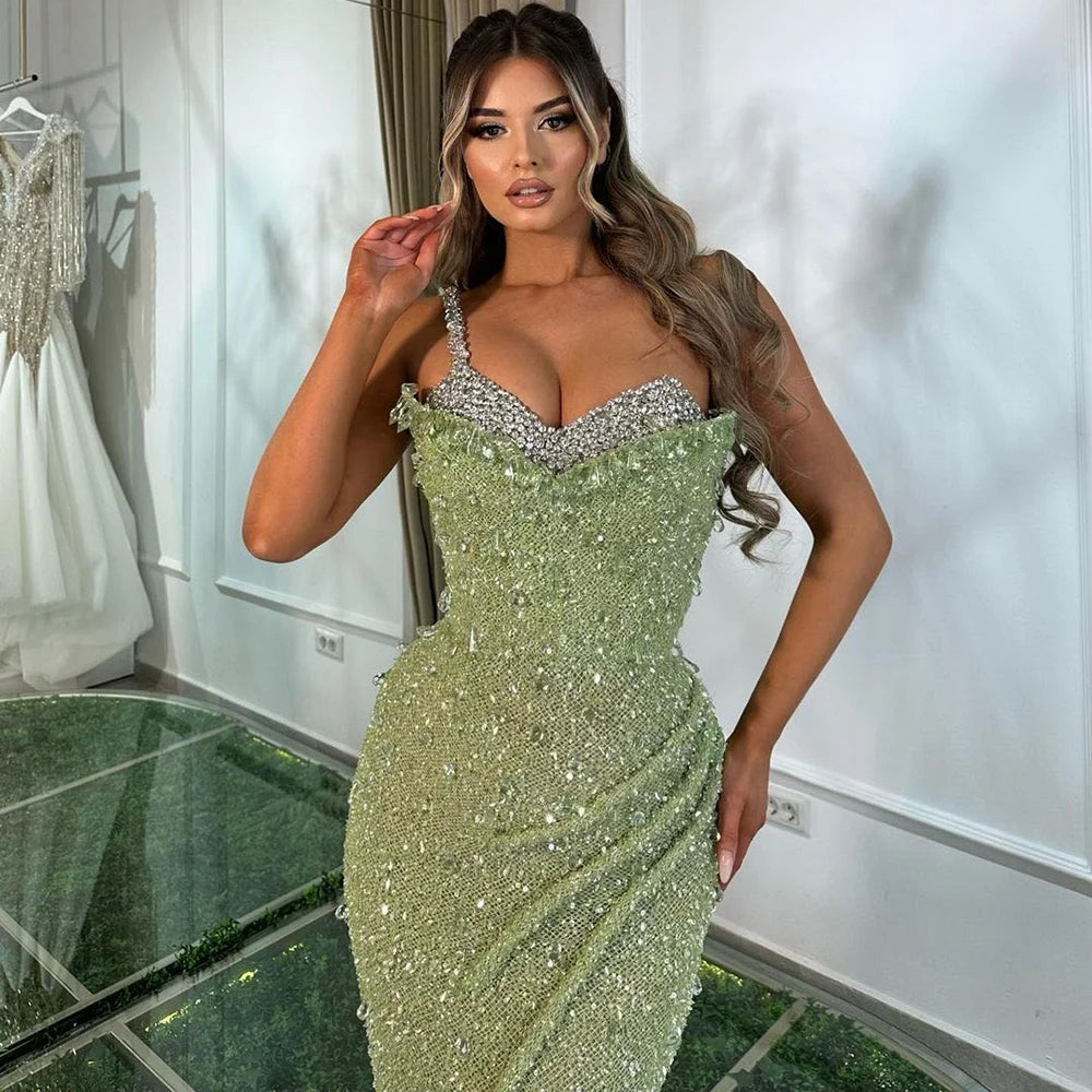 Serene Hill Sage Green Mermaid One Shoulder Beaded Crystal Luxury Evening Gown for Women - Dubai Party Dress 2025 LA72419 | Perfect for Galas, Red Carpet Events & Formal Occasions