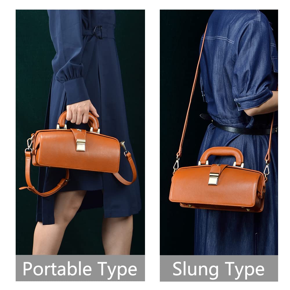 Genuine Leather Handbag for Women - Premium Cowhide Doctor Bag with Shoulder Strap & Buckle Closure - Stylish Brown Shoulder Bag for Work, Travel & Everyday Use