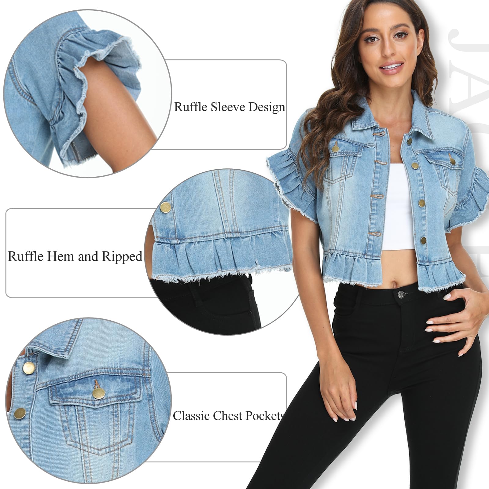 MISS MOLY Women's Distressed Cropped Denim Jacket with Ruffle Sleeves & Button Down - Stylish Summer Jean Jacket for Casual Outfits, Date Nights & Outdoor Activities