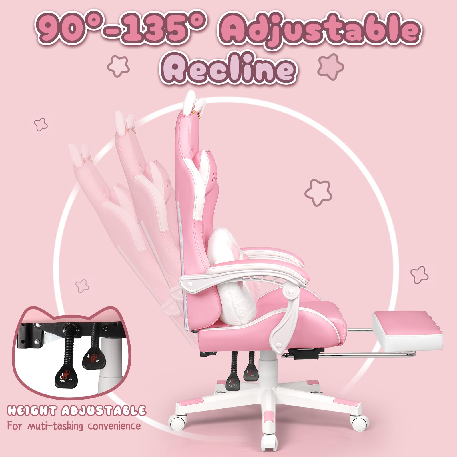 PUKAMI Pink Gaming Chair with Cat Ears & Paw Lumbar Cushion - Ergonomic Computer Chair for Women & Teens, Adjustable Footrest & Headrest, Comfortable Reclining PC Game Chair for Adults - Perfect for Gaming, Streaming & Home Office (Pink)