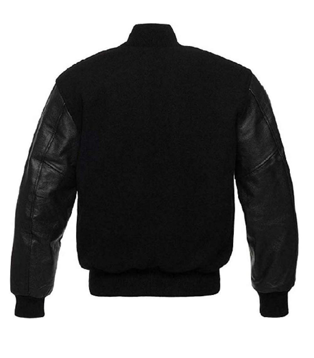 Men's Varsity Jacket - Baseball Letterman Bomber Jacket with Wool & Genuine Leather for School & College | Solid Black | Perfect for Sports Events, Casual Wear & Street Fashion