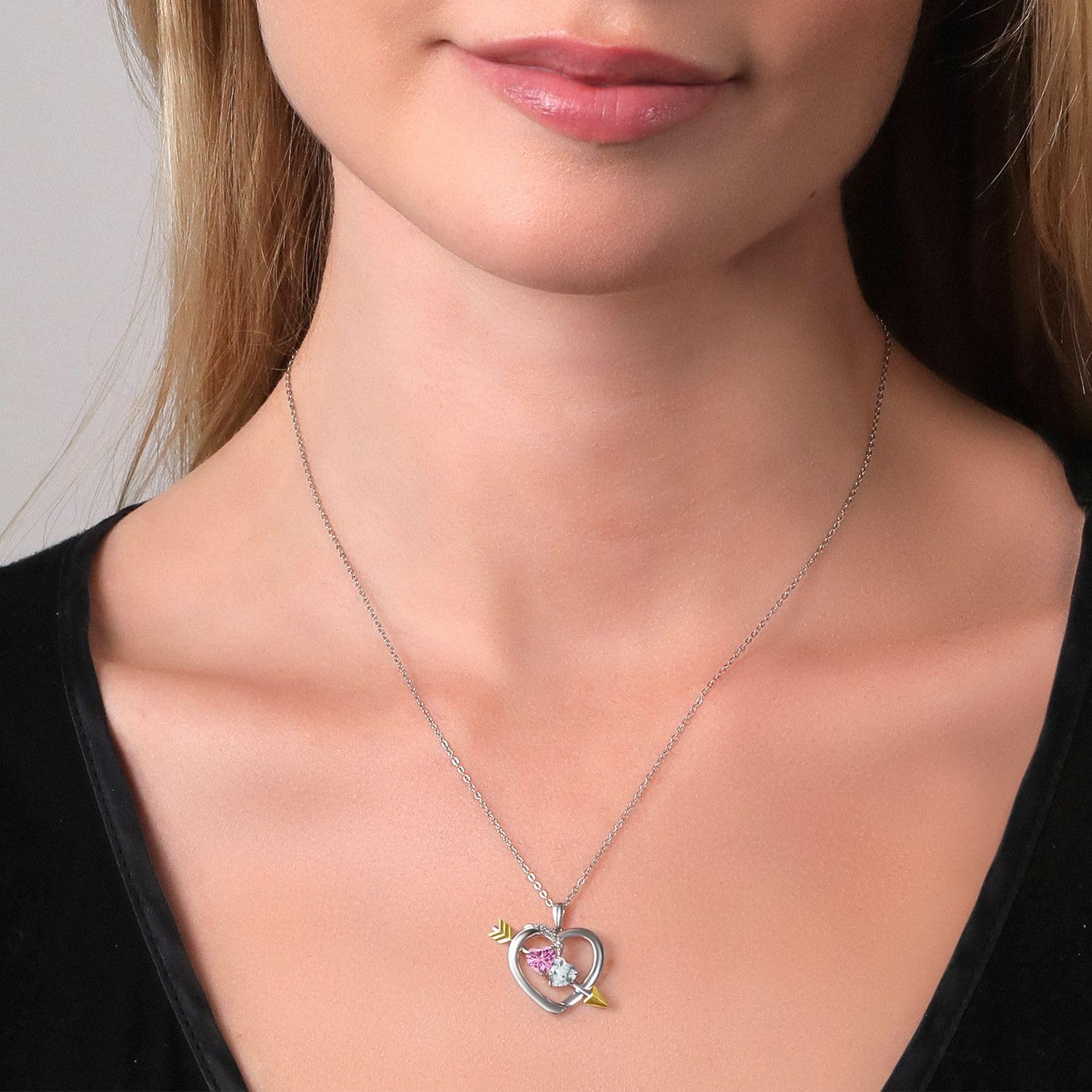925 Sterling Silver & 10K Yellow Gold Pink Moissanite & Sky Blue Aquamarine Pendant Necklace for Women - 0.96 CTTW Gemstone Jewelry with 18