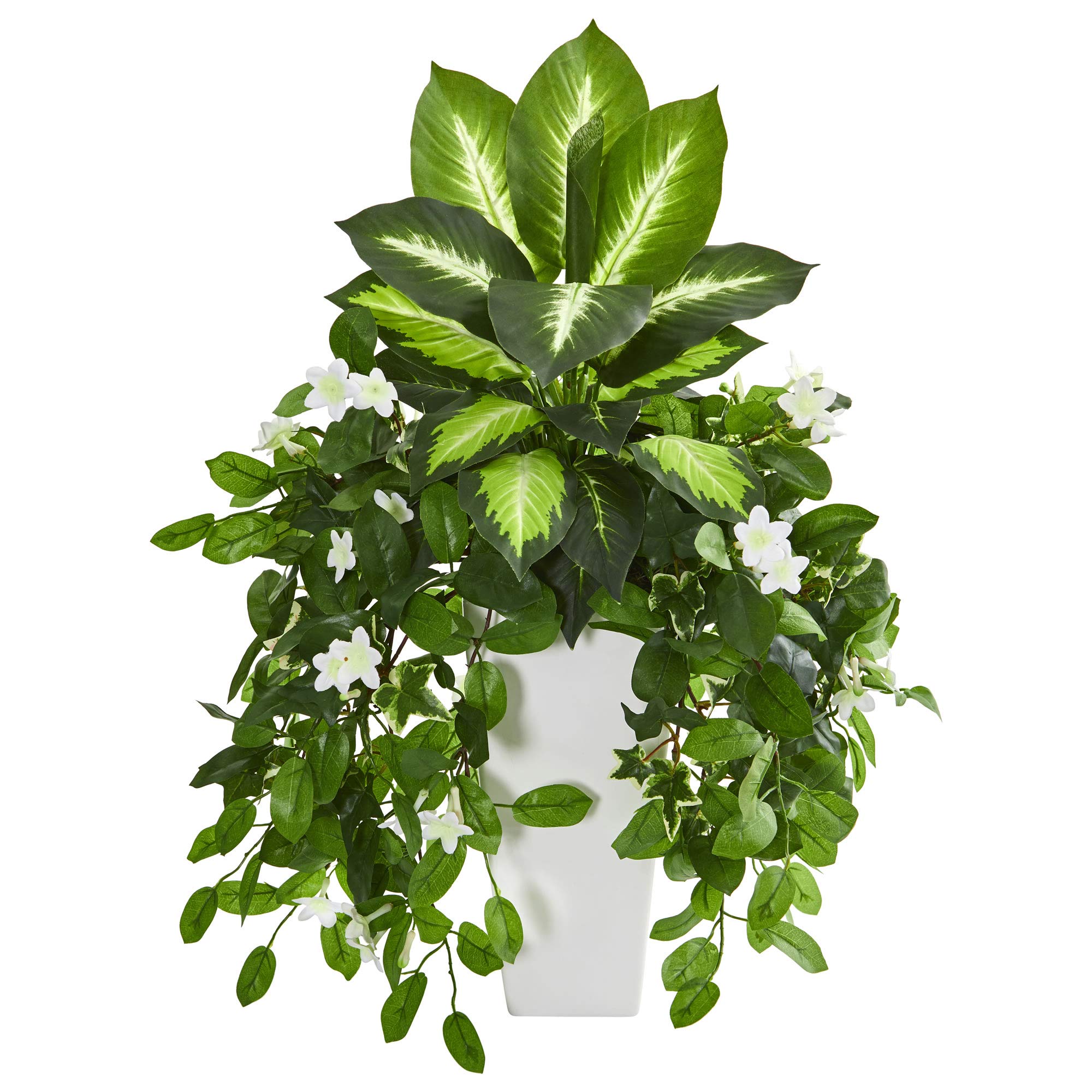 Nearly Natural Stephanotis & Dieffenbachia Artificial Silk Plants in White Vase - Realistic Fake Green Plants for Home Decor, Office, Wedding Centerpieces & Indoor Greenery