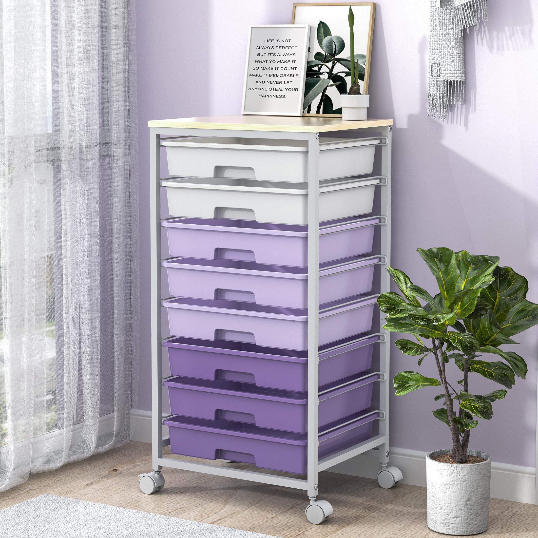 8-Drawer Rolling Storage Cart with Wooden Tabletop - Mobile Utility Cart for Living Room, Bedroom, Office, Classroom & Dorm Organization - Perfect for Craft Supplies, Bathroom Essentials & Home Storage (Purple)