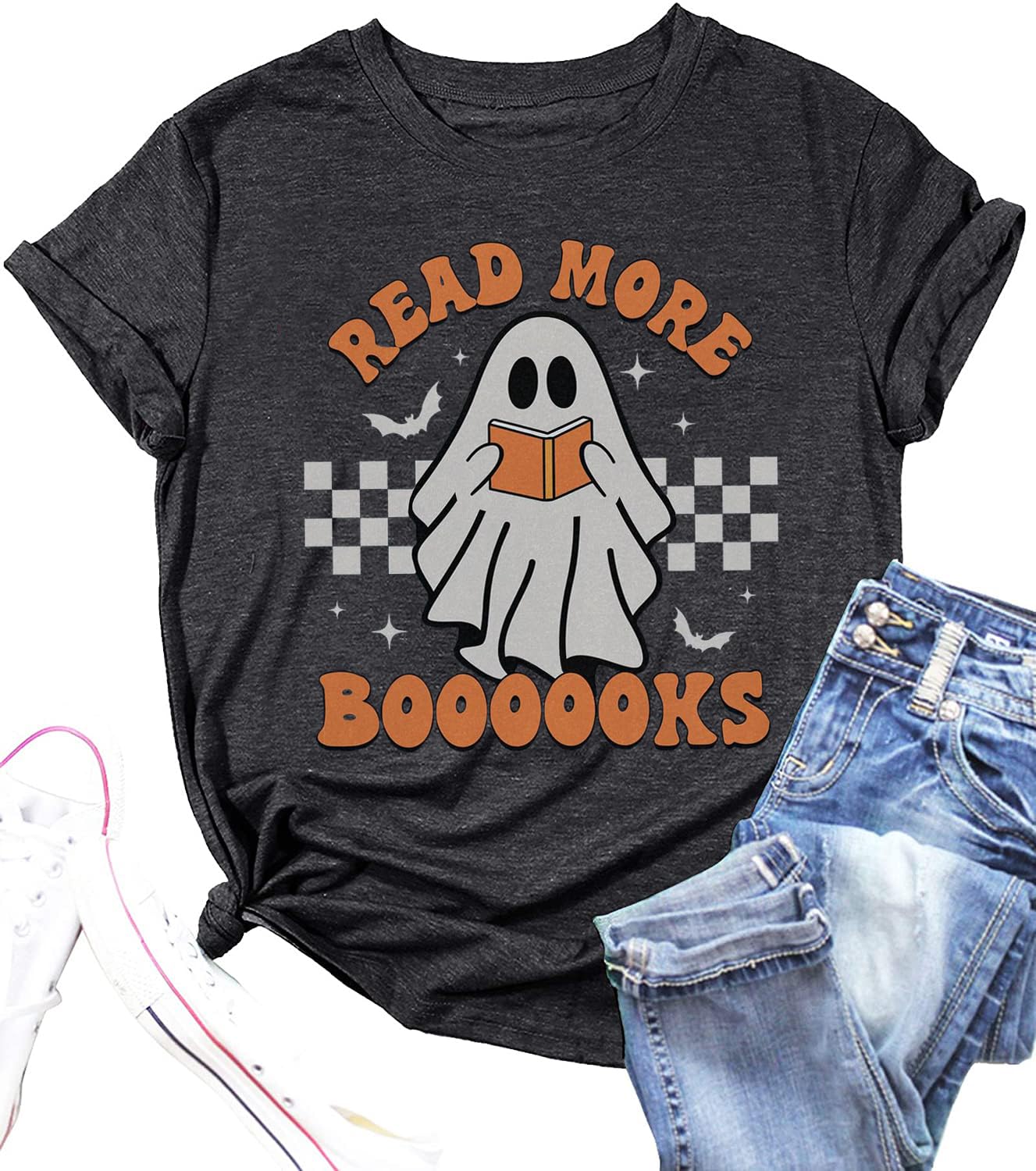 Spooky Teacher Halloween T-Shirt for Women - Funny 'Read More Books' Ghost Design Short Sleeve Tee - Perfect for Halloween Parties, School Events & Costume Outfits