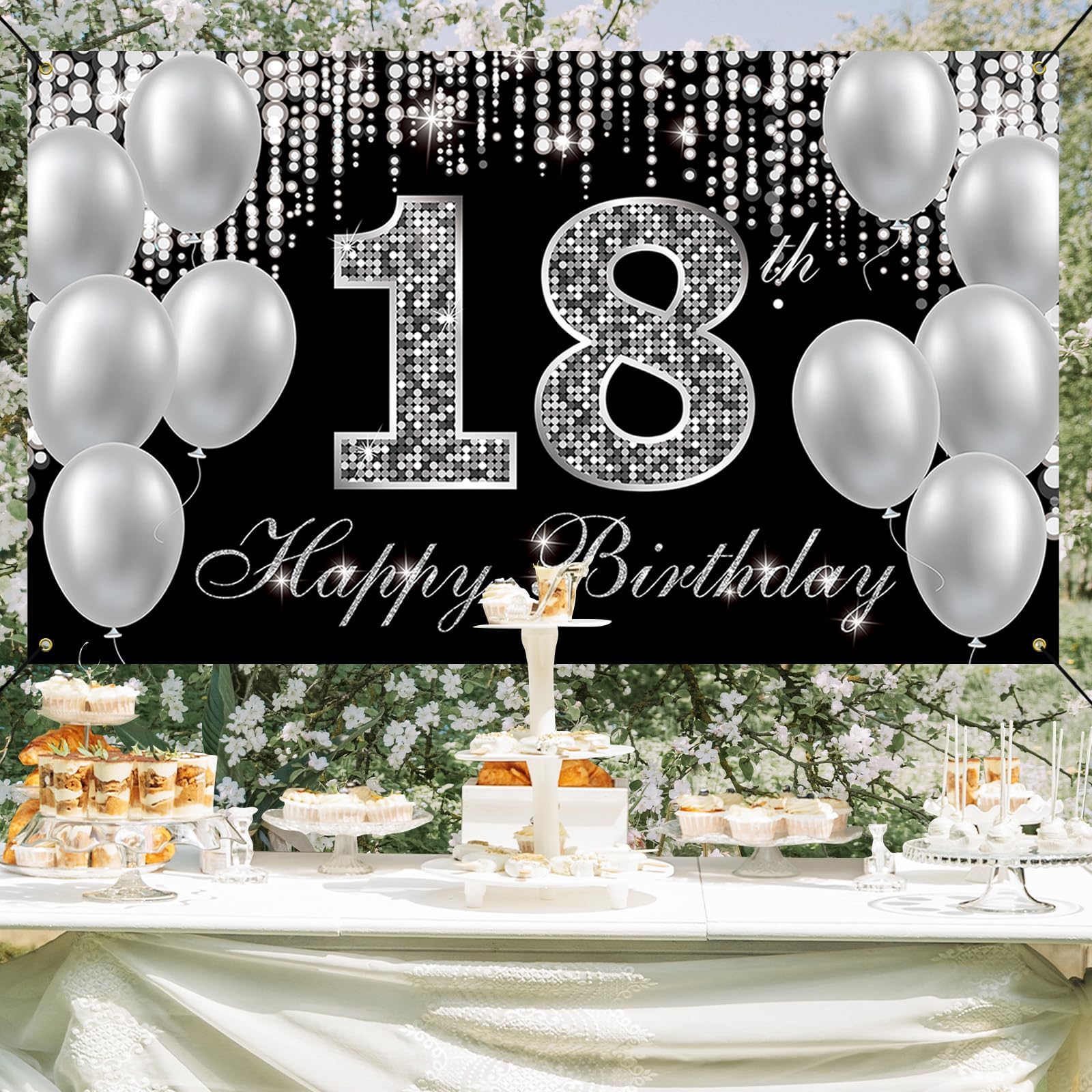 Happy 18th Birthday Banner Backdrop - Black & Silver Fabric Decor for Boys & Girls - Yard Sign & Photo Props for Adult Birthday Parties - Perfect for Indoor & Outdoor Celebrations