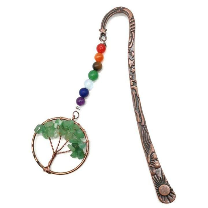 7 Chakra Healing Metal Bookmarks with Beaded Star of David & Tree of Life Pendants - Spiritual Meditation Gifts for Yoga, Reiki & Book Lovers (Green Set)