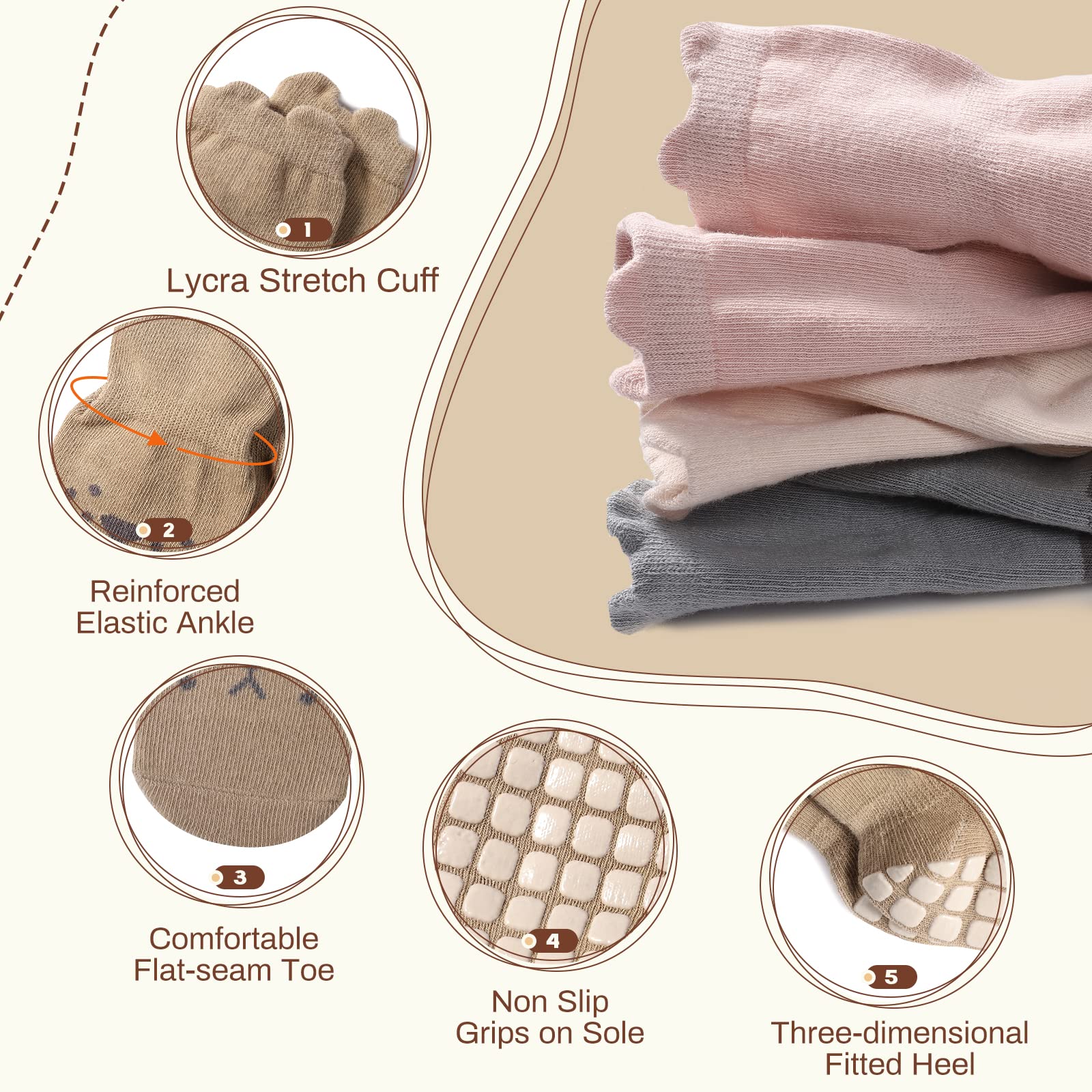 Auranso Baby Socks 5 Pairs - Non-Slip Grip Cotton Socks for Boys & Girls (6-18 Months) | Cute Cartoon Animal Pattern Toddler Socks | UK Size 1-9.5 | Perfect for Crawling, Playtime & Everyday Wear