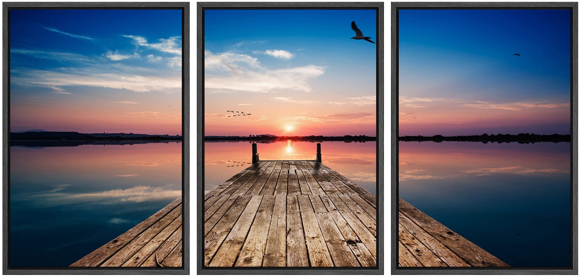 Wall26 Sunset Wooden Pier Framed Canvas Wall Art - 16x24 Inches, Black Wood Frame - Perfect for Living Room, Bedroom & Office Decor