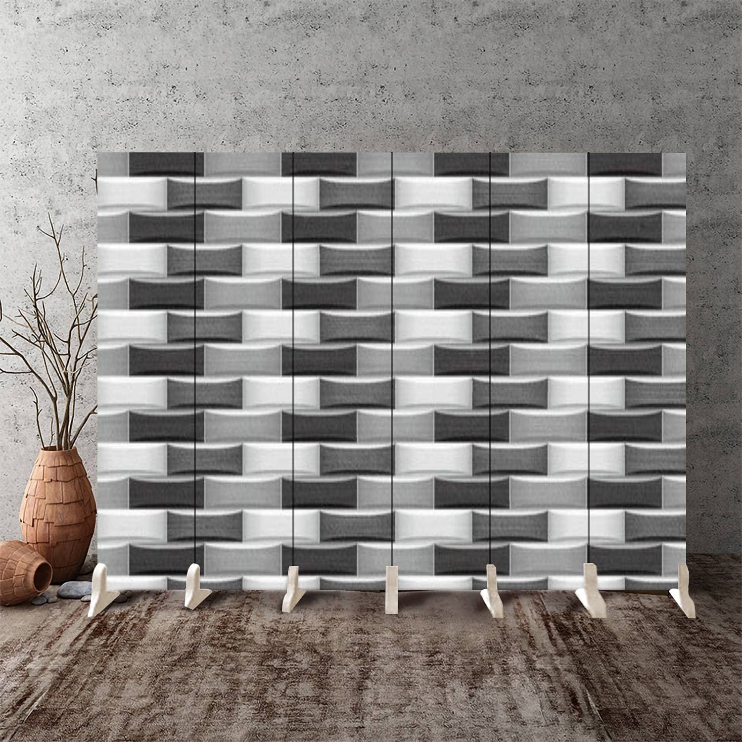 3D Elevation Canvas Room Divider Screen - Wooden Tiles Decor in Grey | 6-Panel Folding Privacy Partition for Bedroom, Office & Living Space | Modern Room Separator & Wall Decor