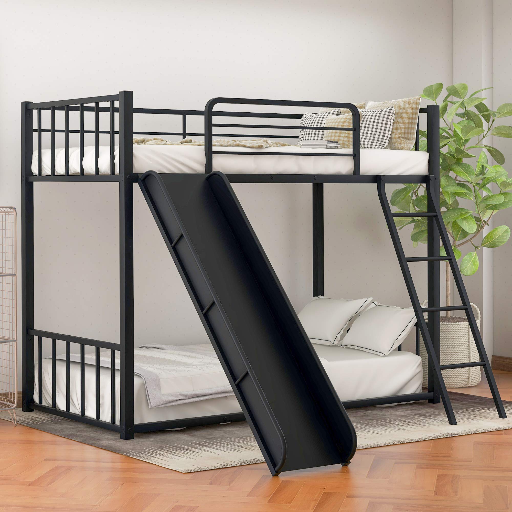 **Heavy Duty Metal Bunk Bed with Slide & Safety Guard Rails - Twin Size Black Bunk Bed for Kids & Teens - Ideal for Shared Bedrooms, Sleepovers & Space-Saving Kids' Rooms**