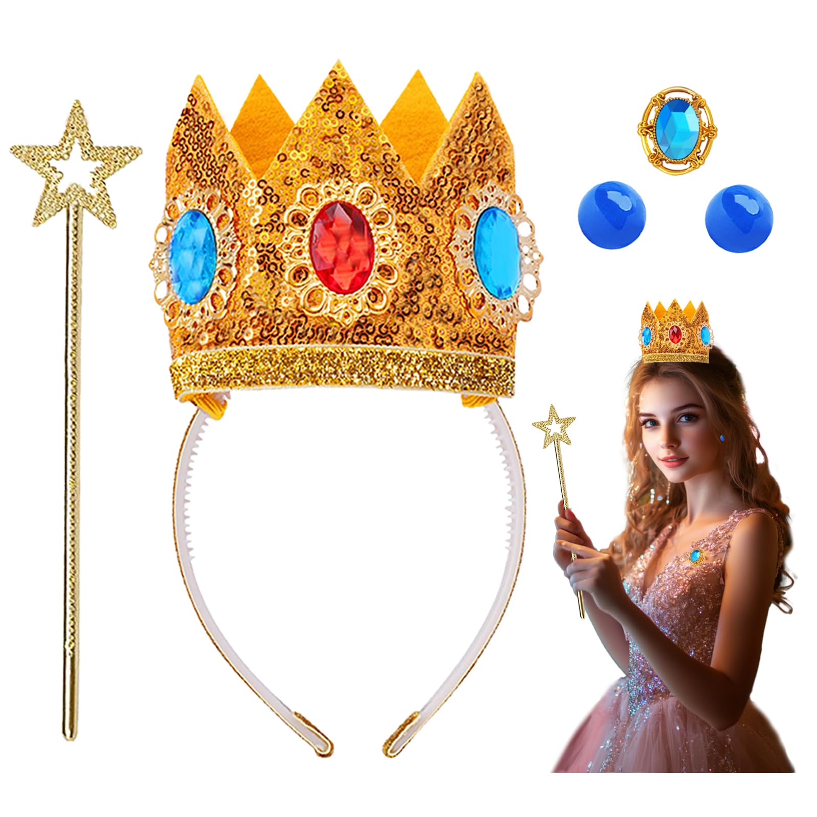 4PCS Princess Crown Accessories Kit for Women & Girls - Royal Tiara, Earrings & Brooch Set - Perfect for Halloween Costume, Cosplay, Birthday Parties & Dress-Up Play