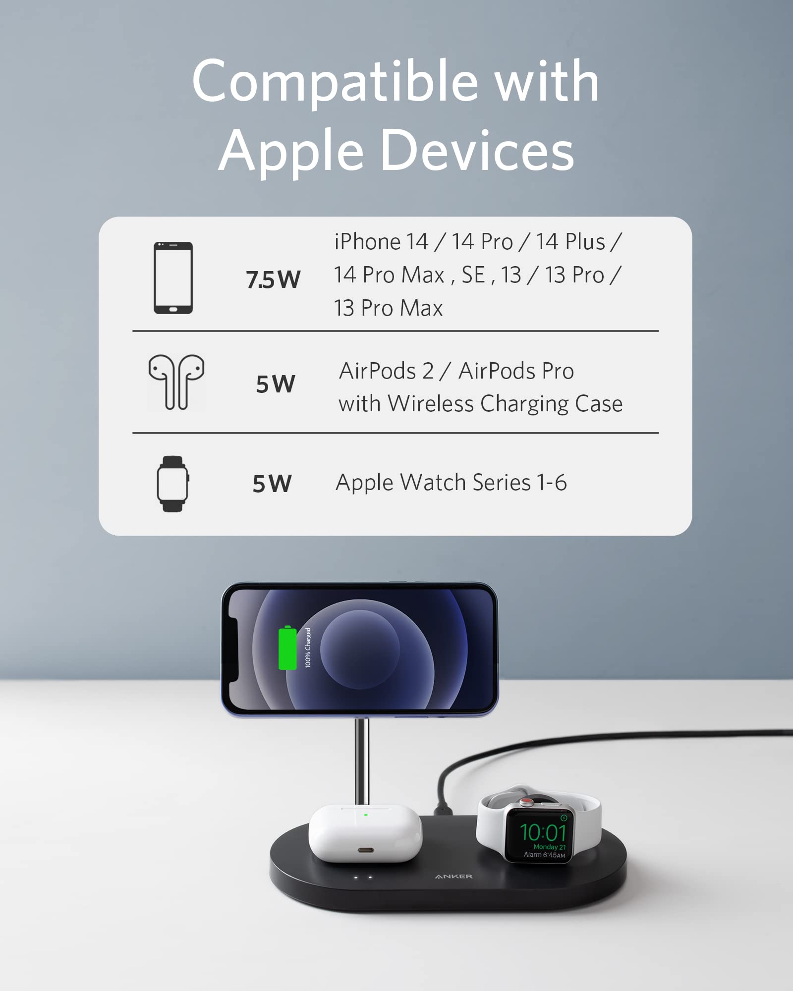 Anker 3-in-1 Magnetic Wireless Charging Station with 20W Fast Charger & 5ft USB-C Cable - Compatible with iPhone 14/13/12 Series, AirPods Pro/3/2, Apple Watch 1-6 (Watch Cable Not Included) - Perfect for Home, Office, and Travel Charging