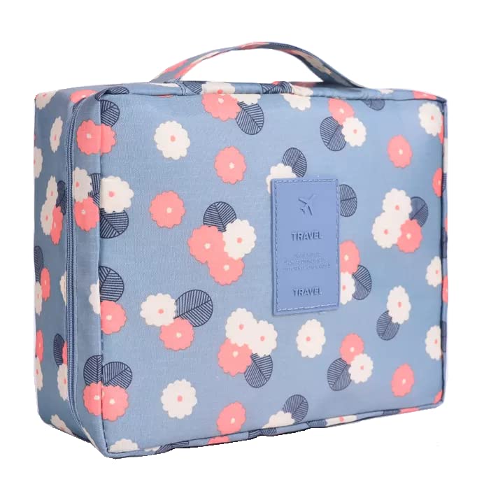 Multipurpose Travel Cosmetic Makeup Pouch for Women | Waterproof Toiletry Bag with Multiple Pockets | Compact Wash Bag & Storage Organizer for Makeup Brushes, Jewelry & Innerwear | Perfect for Vacation, Gym & Daily Use - Blue Floral Design