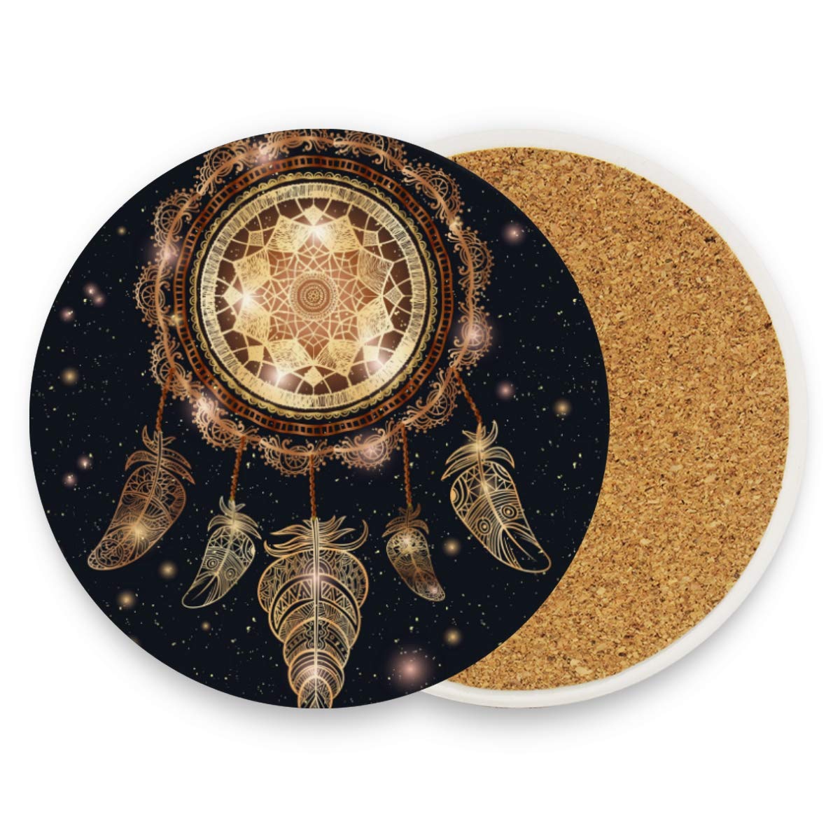 Absorbent Marble Drink Coasters Set of 1/2/4 Pack - Funny Oversized Coasters for Drinks, Protects Furniture from Spills - Dreamcatcher Mandala Feather Design (0.20x3.9x1 inches) - Perfect for Coffee Tables, Bars, and Home Decor