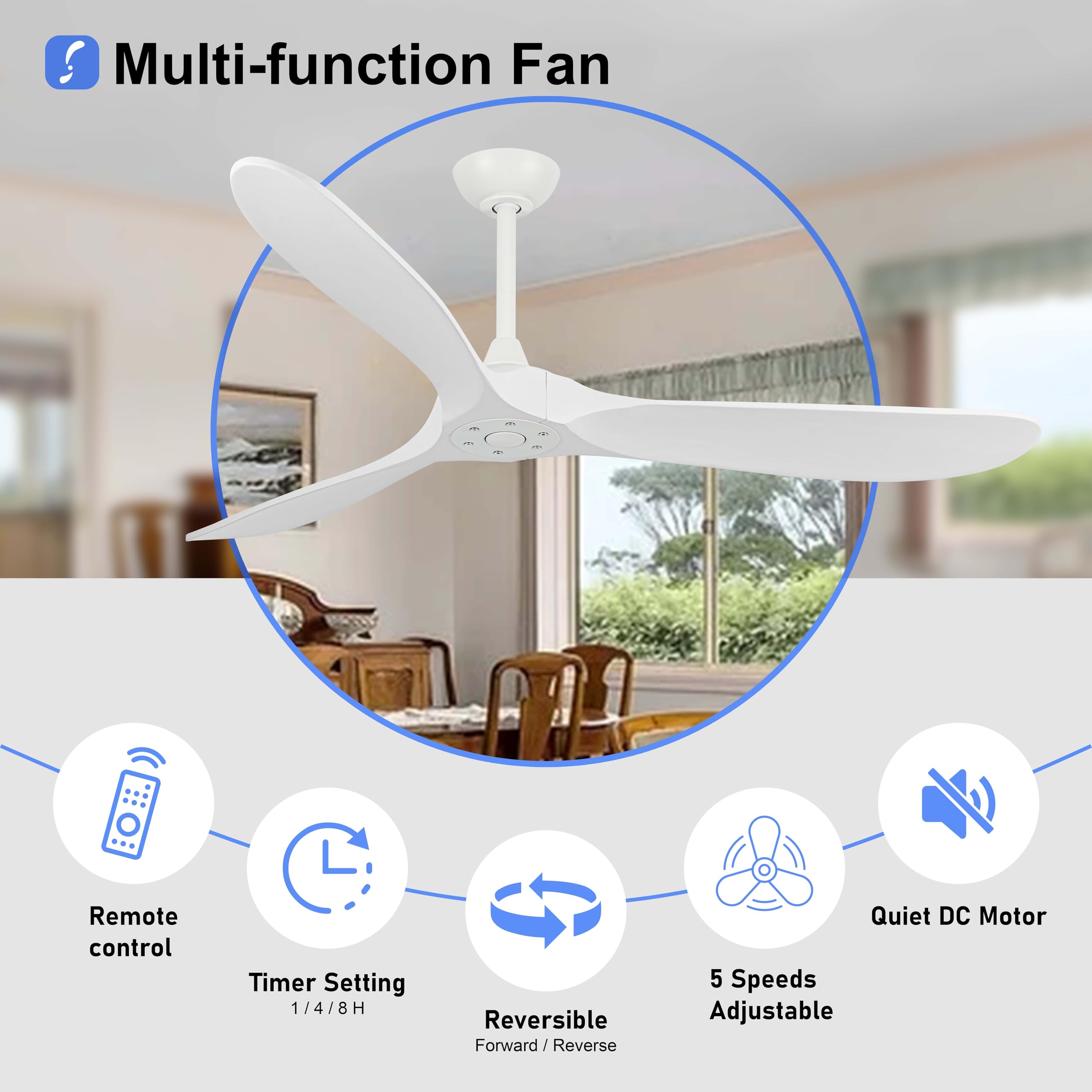 60 Inch Modern Ceiling Fan with 3 Wood Blades - Noiseless Reversible DC Motor & Remote Control - Large Indoor/Outdoor Ceiling Fan without Light - Perfect for Bedroom, Living Room, Patio & Farmhouse - White